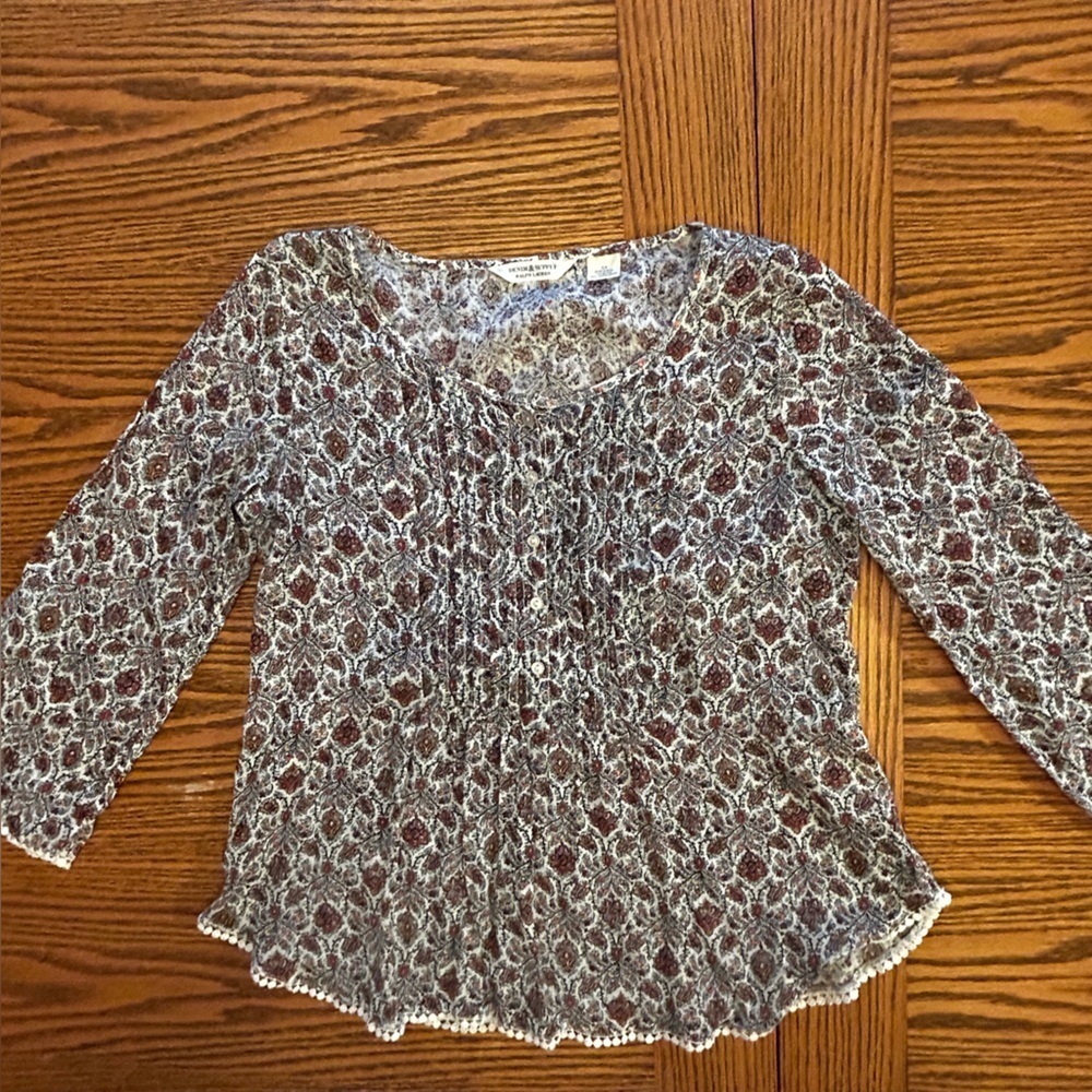 Denim & Supply Ralph Lauren Patterned Peasant Blouse - Brown Cream Blue Size S